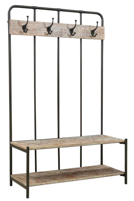 71" Black And Brown Metal And Solid Wood Four Hooks Freestanding Coat Rack