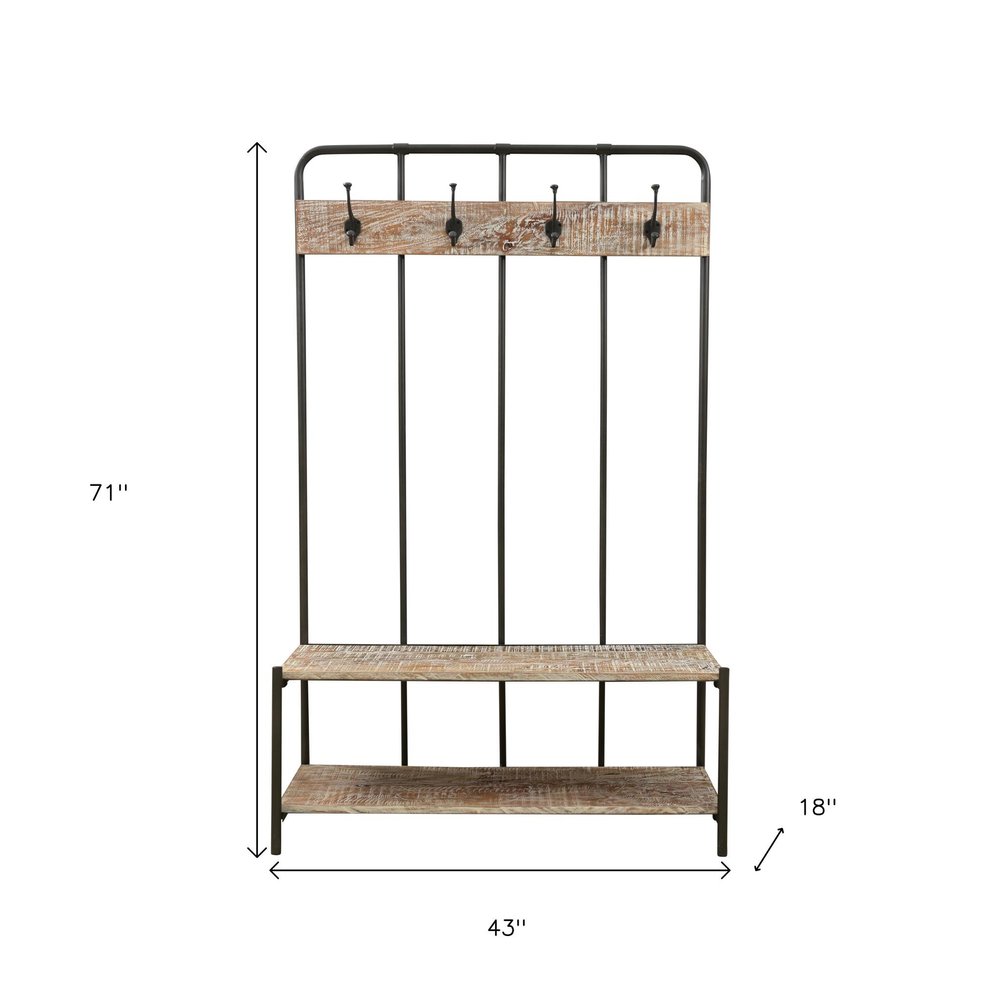 71" Black And Brown Metal And Solid Wood Four Hooks Freestanding Coat Rack