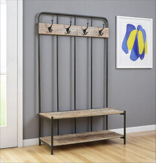 71" Black And Brown Metal And Solid Wood Four Hooks Freestanding Coat Rack