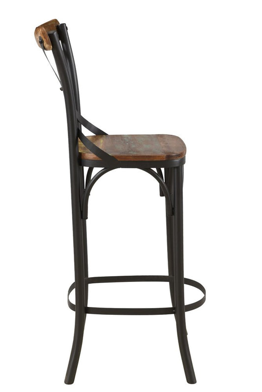 Set of Two 30" Brown and Black Solid Wood and Metal Counter Height Bar Chairs