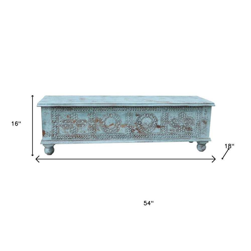 54" Aqua Carved And Distressed Solid Wood Lift Top Coffee Table