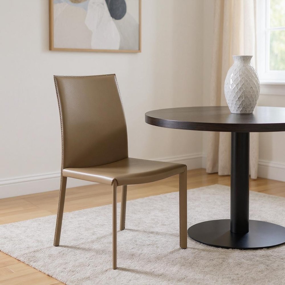 Set of Two Taupe Upholstered Leather Dining Side Chairs