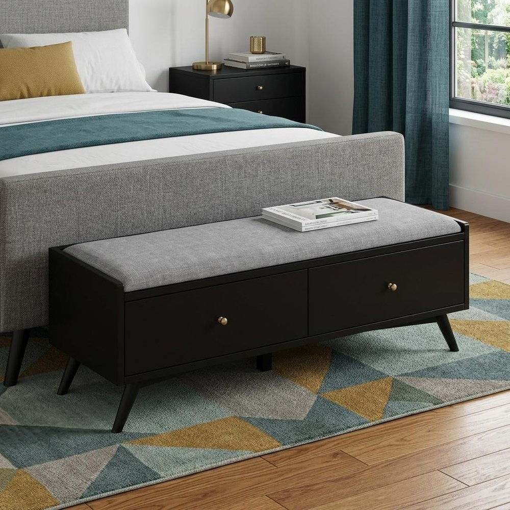 59" Gray and Black Fabric Upholstered Storage Bench with Drawers