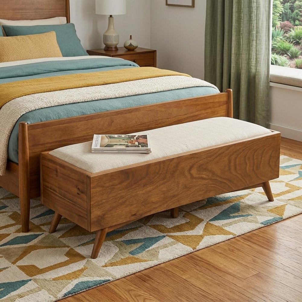 59" Beige and Brown Upholstered Polyester Blend Bench with Drawers