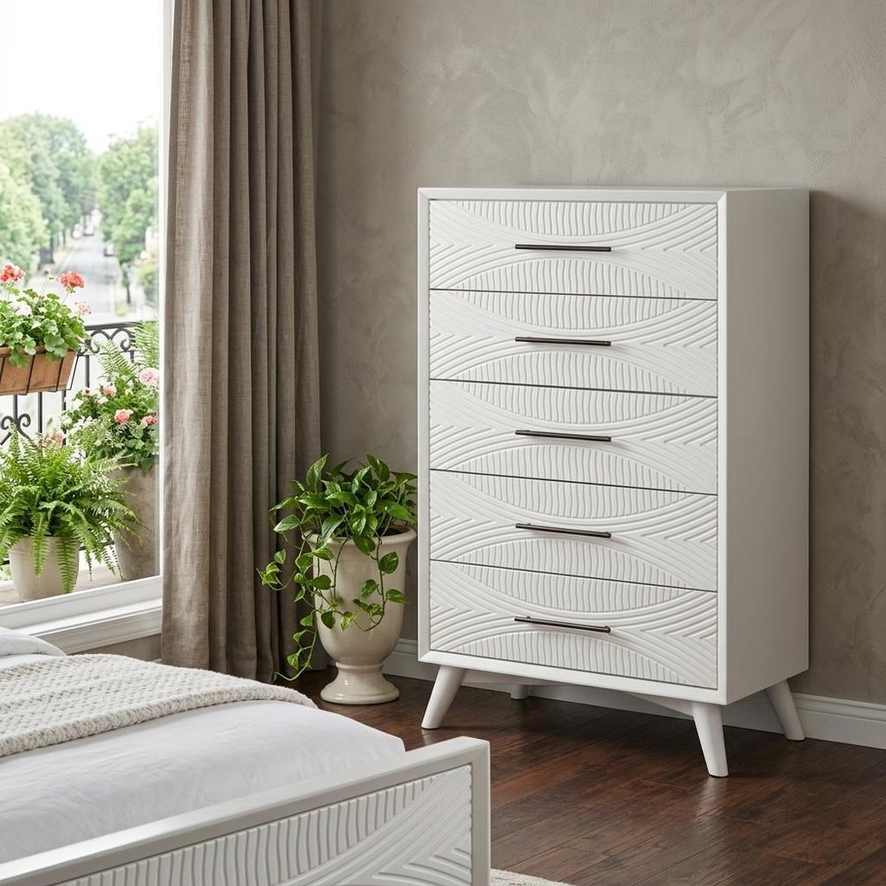 34" White Carved Geometric Solid Wood Five Drawer Dresser