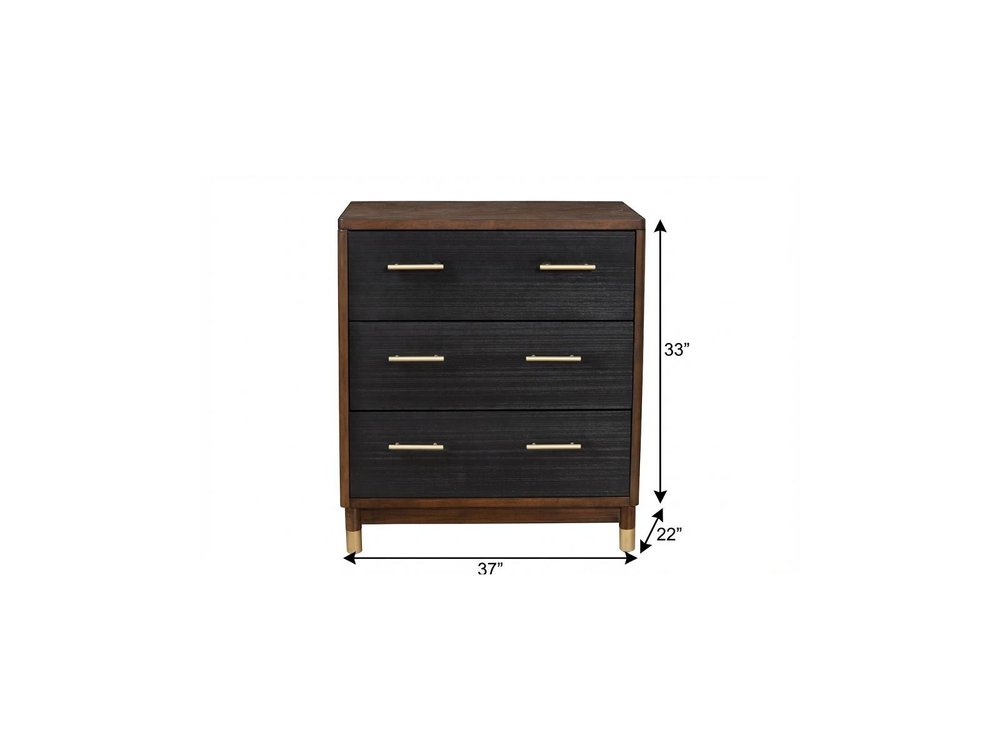 37" Brown And Black Solid Wood Three Drawer Dresser