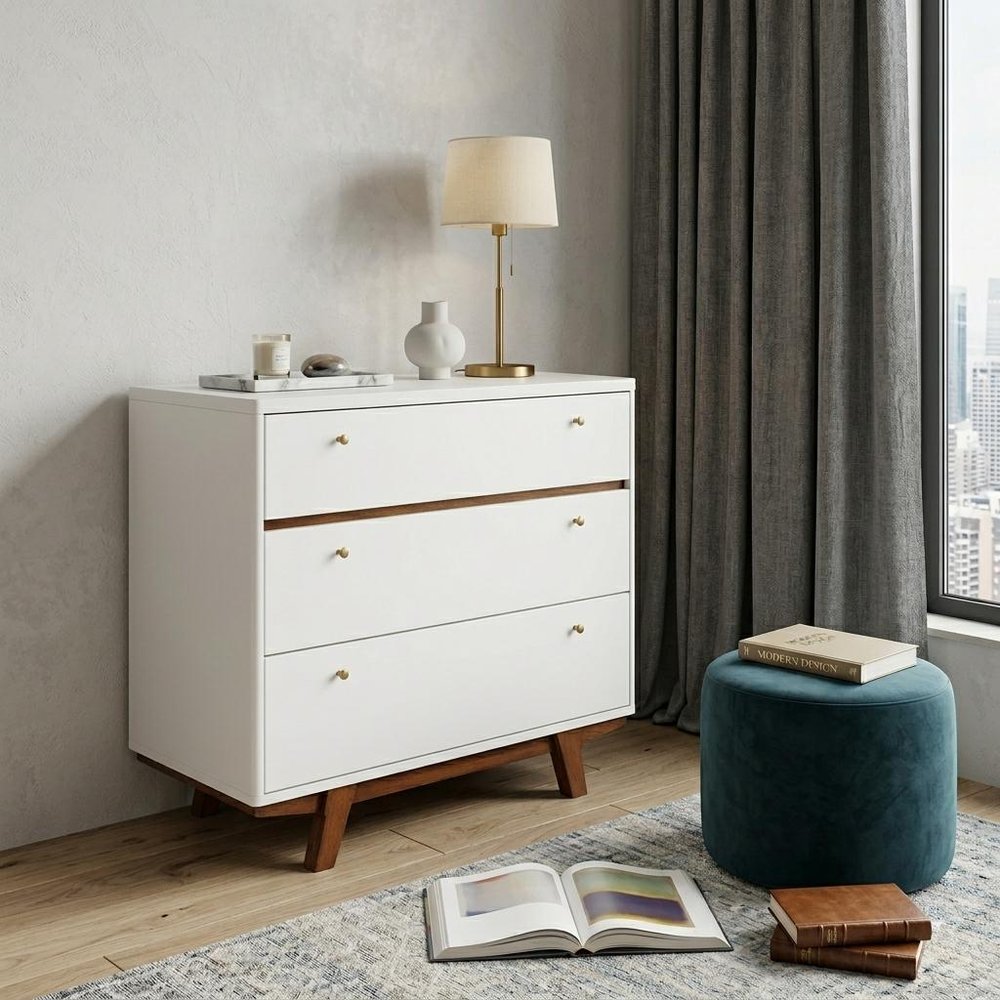 36" Brown And White Solid Wood Three Drawer Dresser