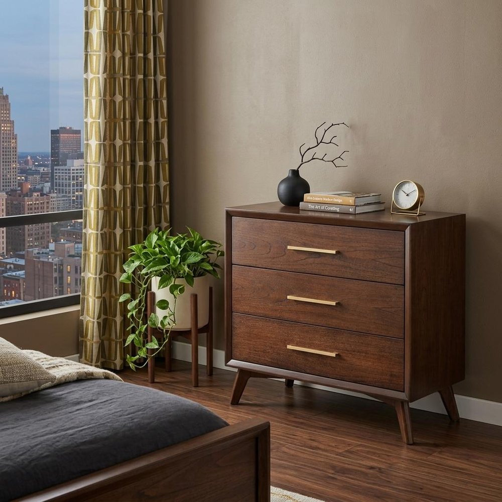 36" Brown Solid Wood Three Drawer Dresser