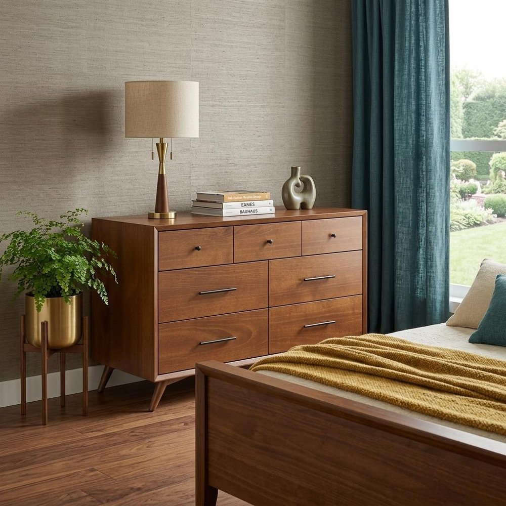 56" Brown Solid Wood Seven Drawer Double Dresser
