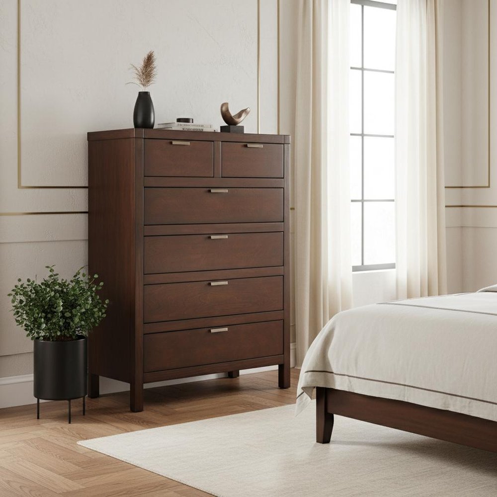 36" Brown Solid Wood Six Drawer Chest