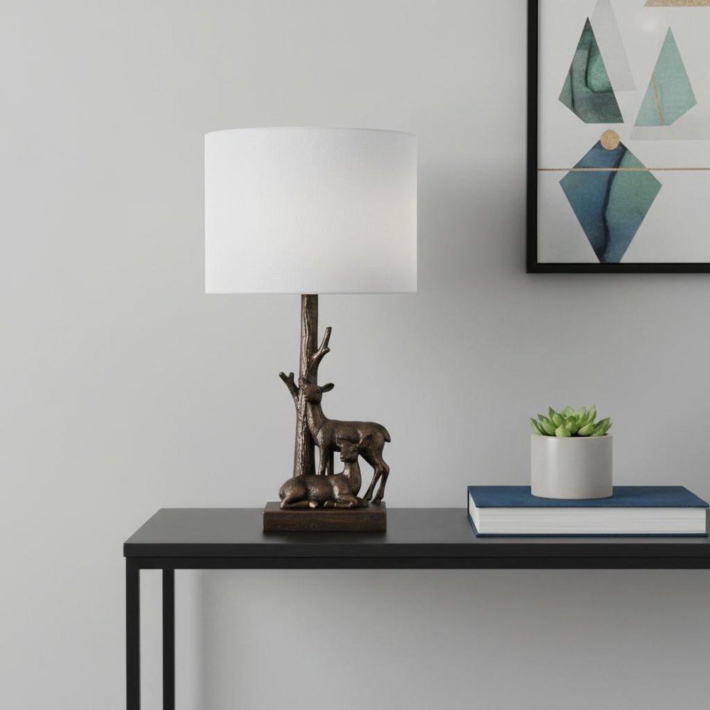 20" Bronze Mom and Baby Deer Table Lamp With White Drum Shade