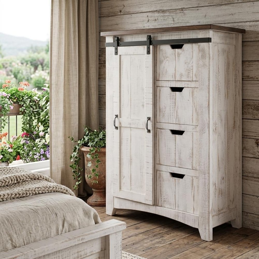 54" Brown And White Solid Wood Four Drawer Combo Dresser