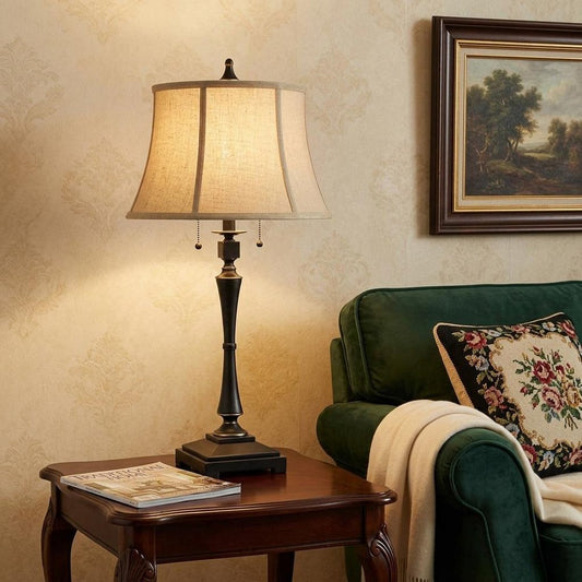 31" Black Metal Two Light Candlestick Table Lamp With Beige Empire Shade