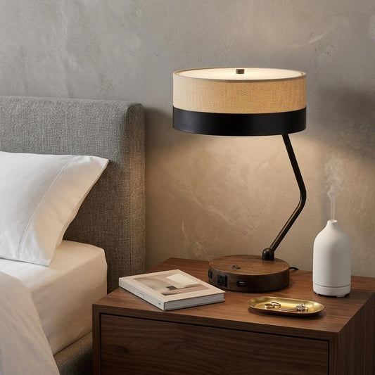 20" Black And Brown Wood And Metal Two Light USB Table Lamp With Beige And Black Shade