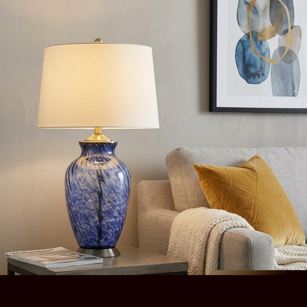 28" Blue Swirl Glass Table Lamp With White Empire Shade