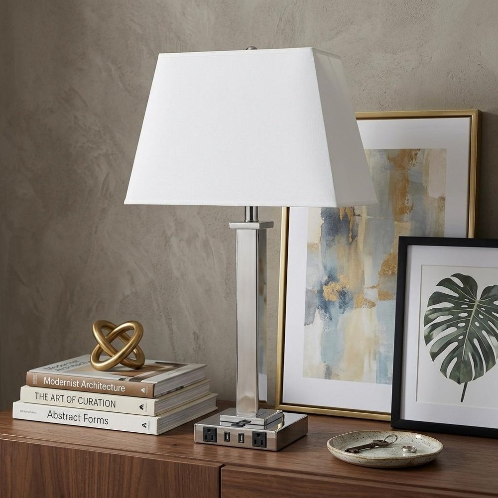 28" Nickel Metal USB Table Lamp With White Shade