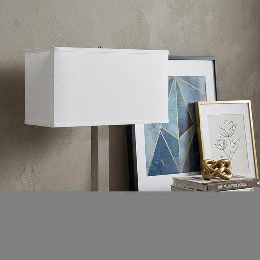 21" Nickel Metal Two Light Desk USB Table Lamp With White Shade