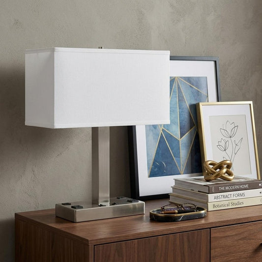 21" Nickel Metal Two Light Desk USB Table Lamp With White Shade