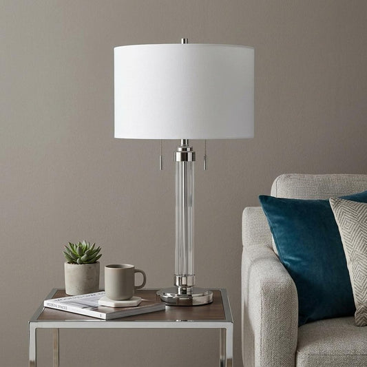 31" Silver Metallic Metal Two Light Cylinder Table Lamp With White Drum Shade