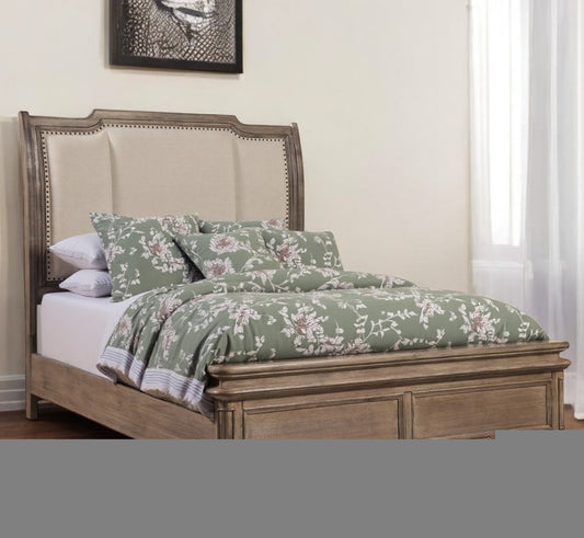 Brown and Beige Distressed Solid Wood And Faux Leather California King Bed Frame with Nailhead Trim