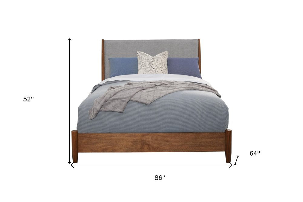 Brown and Gray Solid Wood And Linen Queen Bed Frame