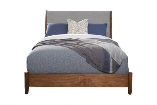 Brown and Gray Solid Wood And Linen King Bed Frame