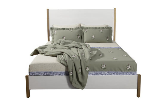 Natural and White Solid Wood And Upholstery King Bed Frame