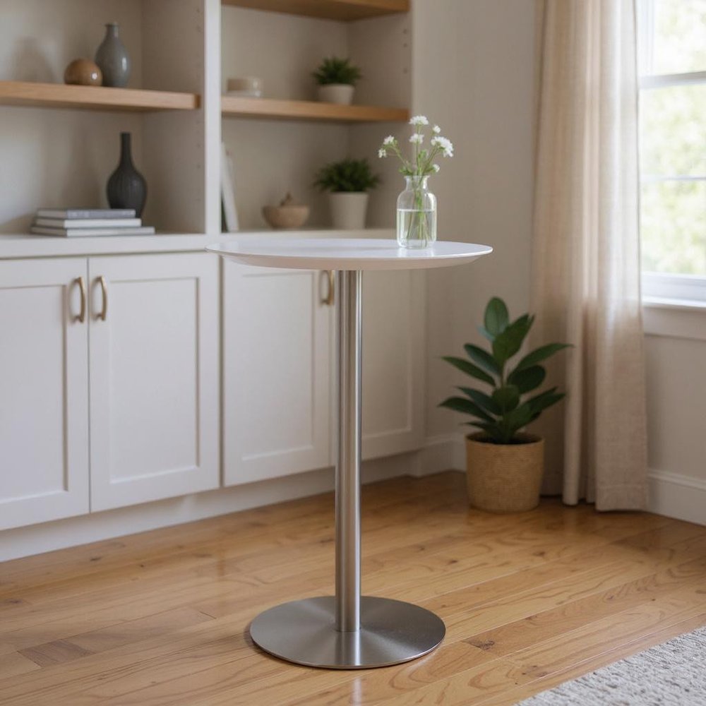 26" White and Silver Rounded Steel Bar Table