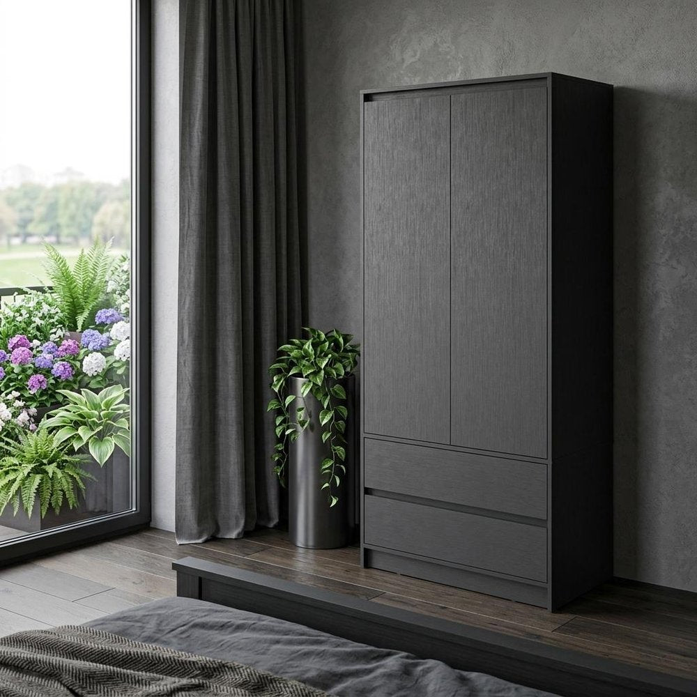 71" Black Wood Two Drawer Combo Dresser