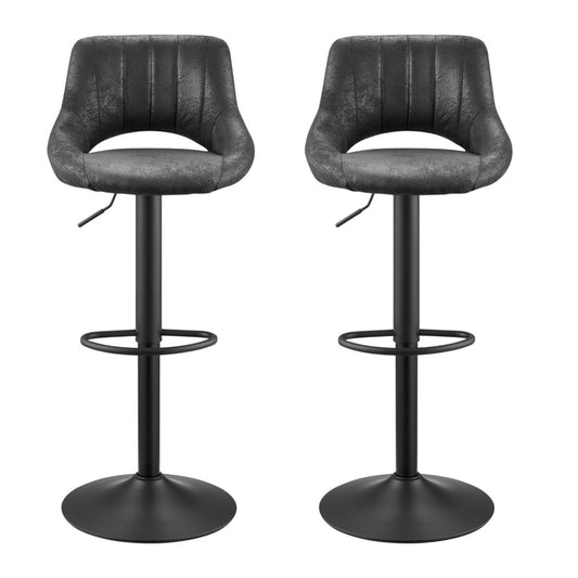 Set of Two 32" Black Faux Leather And Steel Swivel Low Back Adjustable Height Bar Chairs