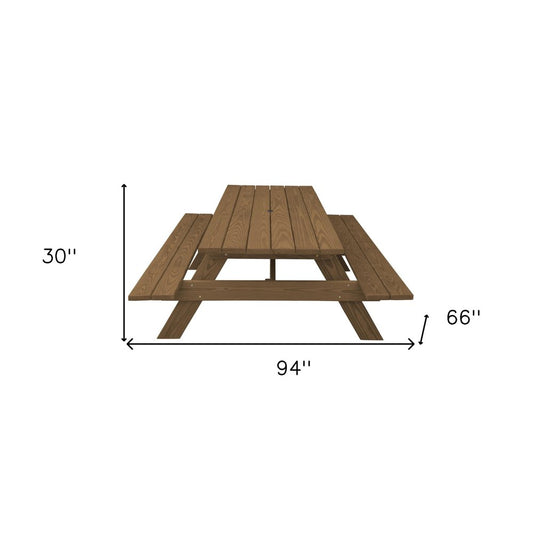 94" Brown Solid Wood Outdoor Picnic Table with Umbrella Hole