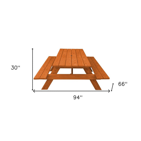 94" Brown Solid Wood Outdoor Picnic Table with Umbrella Hole