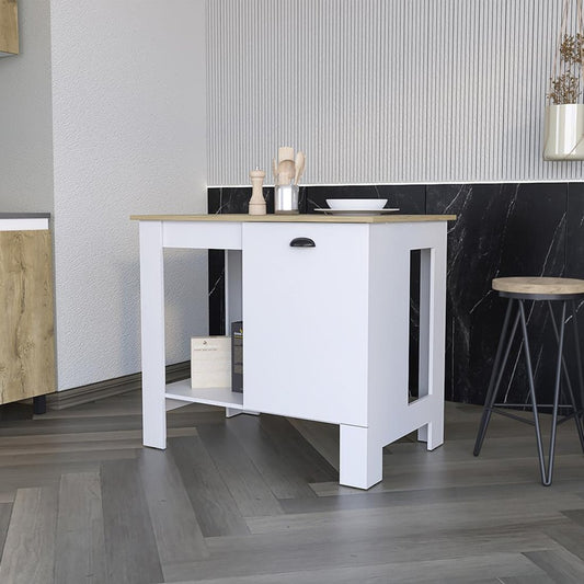 White and Natural 35" Kitchen Island With Storage