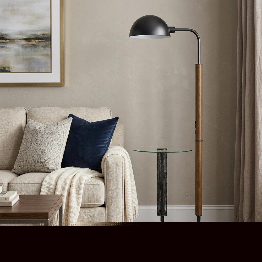 63" Brown Tray Table Floor Lamp With Bronze Transparent Glass Dome Shade