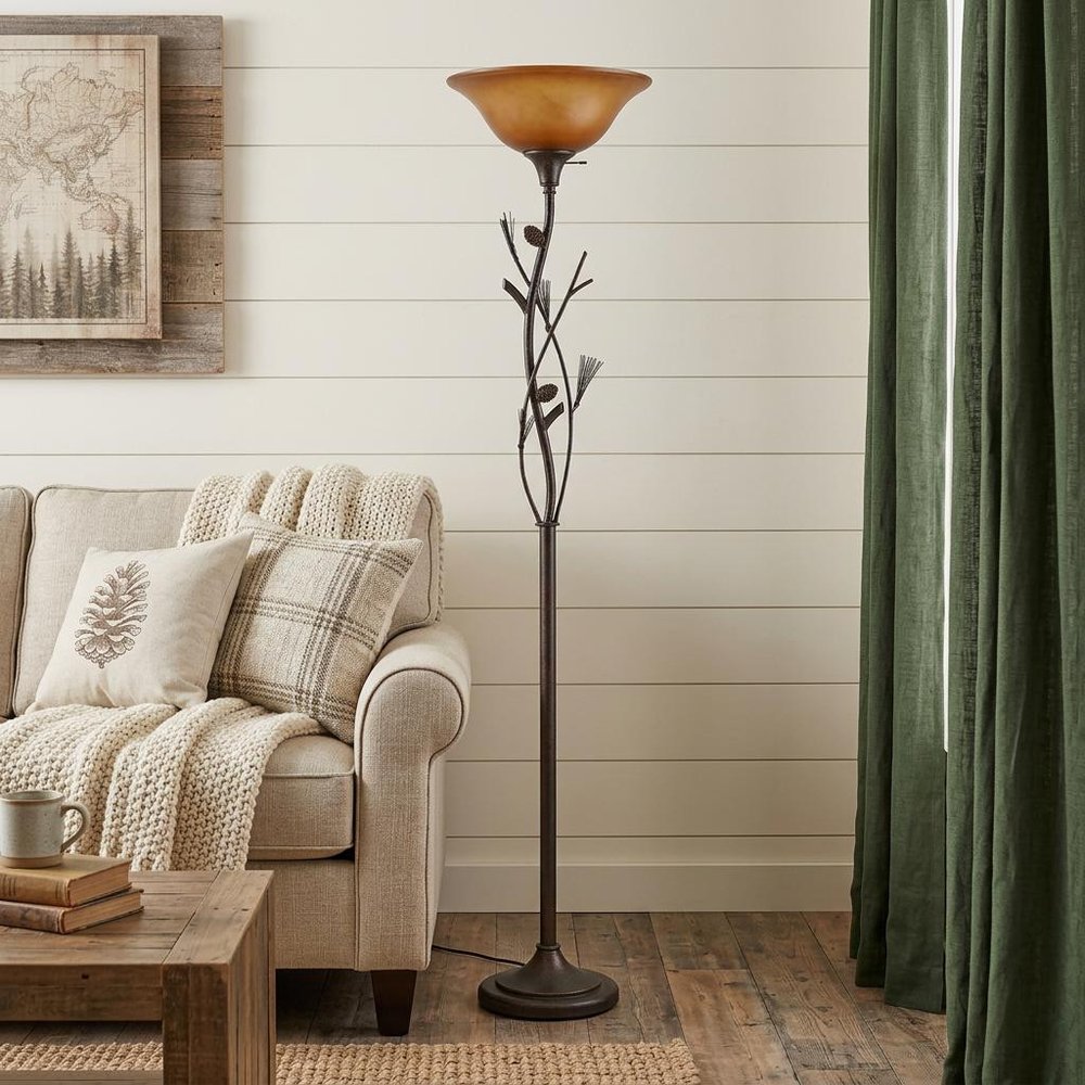 72" Amber Torchiere Floor Lamp With Brown Glass Dome Shade