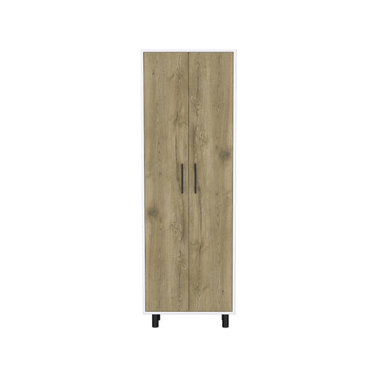 Set of Two Oak and White Wood Kitchen Island And Pantry Cabinet