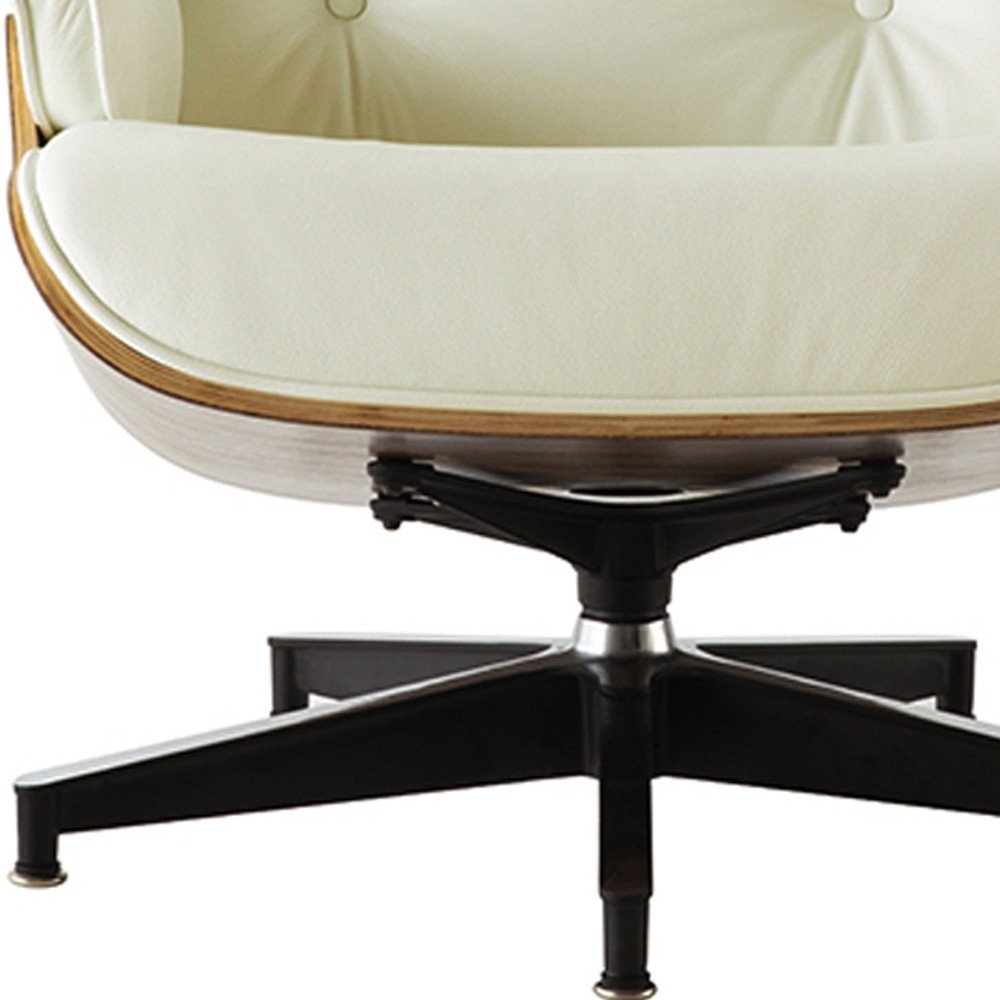 35" Beige and Dark Brown Genuine Leather Tufted Swivel Lounge Chair With Ottoman