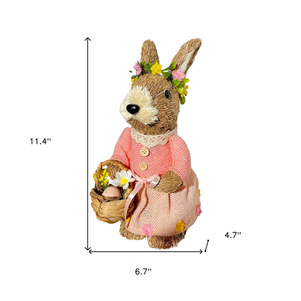 11" Brown And Pink Straw Rabbit Easter Easter Bunny Figurine