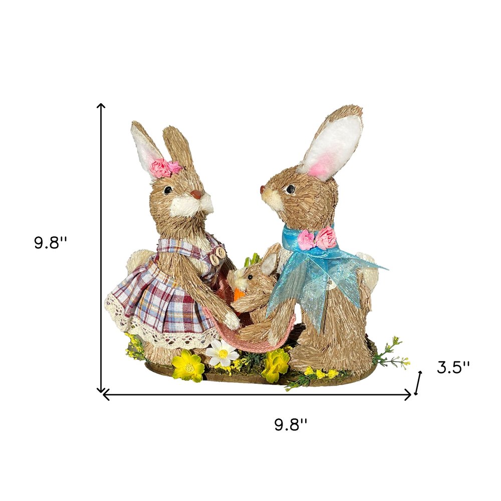 10" Blue Pink And Brown Straw Rabbit Easter Easter Bunny Figurine
