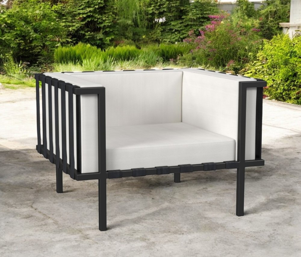 33" Black Metal Outdoor Arm Chair with Off White Cushion