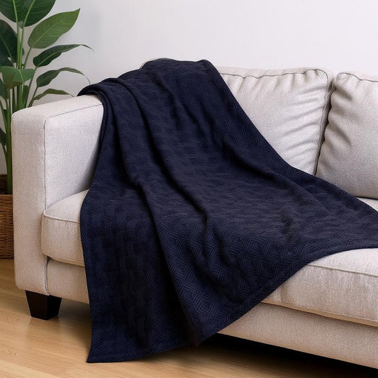 Queen Navy Blue Geometric Cotton Basketweave Blanket