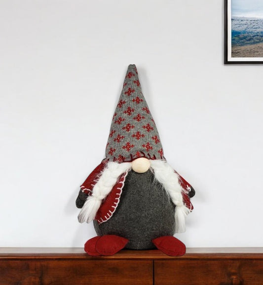 20" Red Gray And White Fabric Christmas Santa Standing Gnome