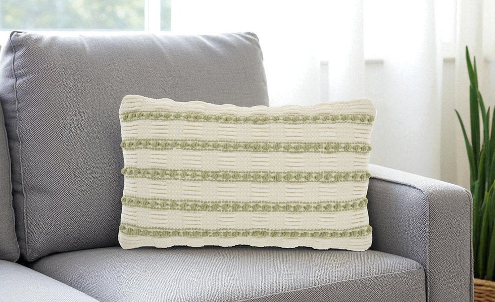 12" X 20" Sage and Ivory Striped Cotton Blend Throw Pillow With Texture