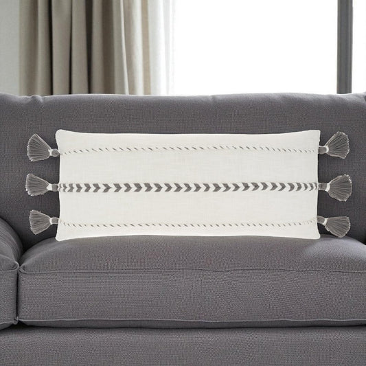 12" X 30" Gray and White Striped Cotton Lumbar Throw Pillow With Tassels