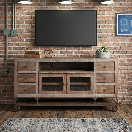 76" Brown Solid Wood Cabinet Enclosed Storage Distressed TV Stand