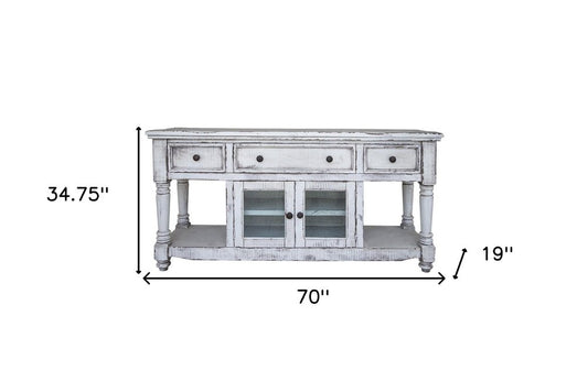 70" White Solid Wood Open shelving Distressed TV Stand