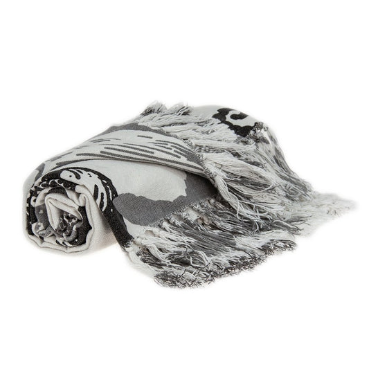 52" X 67" Ivory and Gray Woven Cotton Coastal Seashell Throw Blanket with Fringe