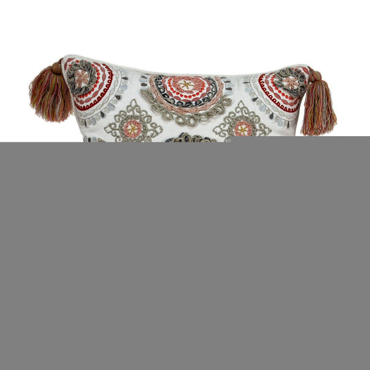 18" Red and White Floral Cotton Throw Pillow With Embroidery, Tassels