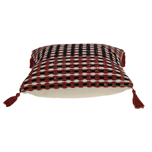 20" Red and Black Cotton Throw Pillow with Tassels