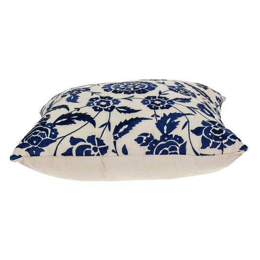 22" Beige and Indigo Floral Cotton Throw Pillow With Embroidery